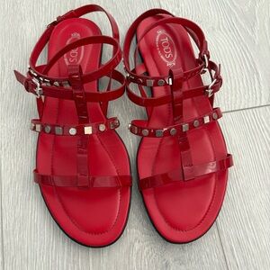 Tod's Red Gladiator Sandals with Studded Straps